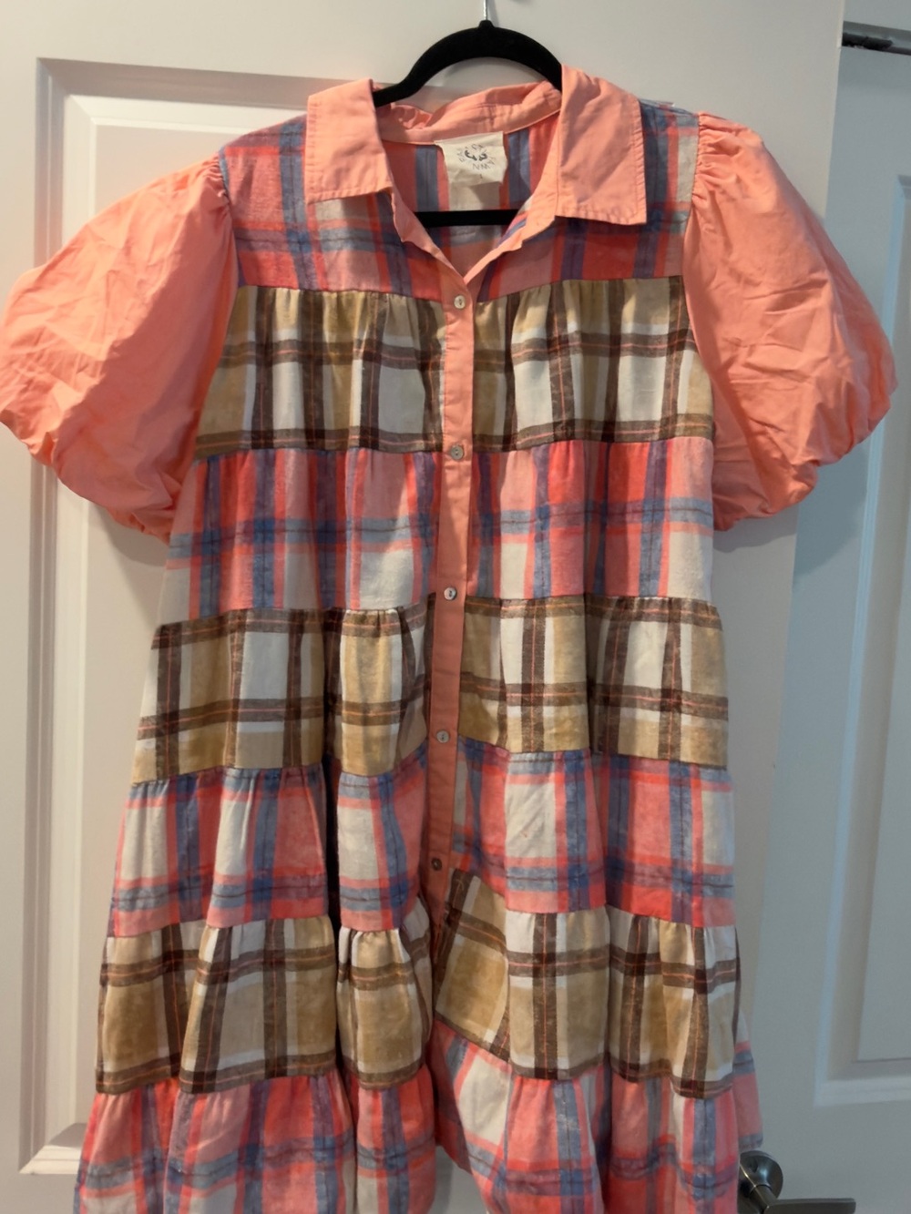Fantastic Fawn Coral Plaid Tiered Button-Front Dress Top